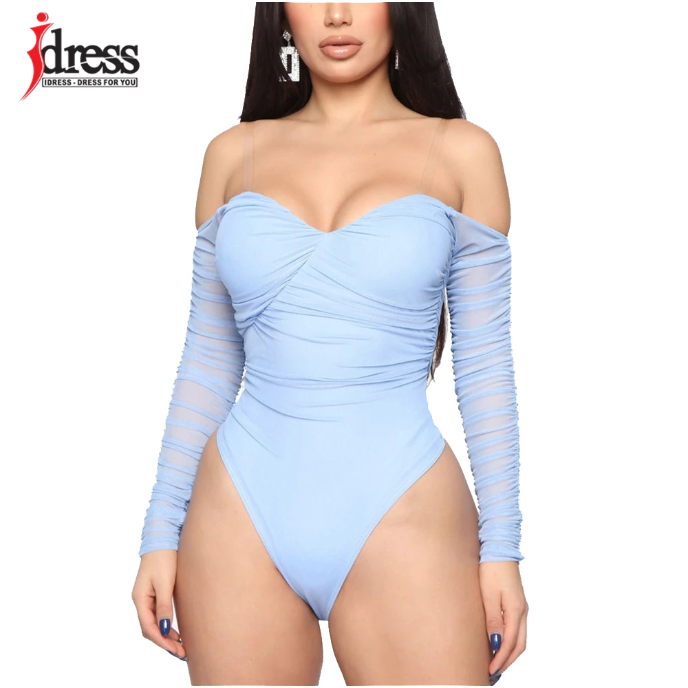 IDress Women Ruched Mesh Bodysuit Sexy Off Shoulder Jumpsuit Womens Long Sleeve Romper Leotard Bodysuits Slash Neck Body Suit (2)