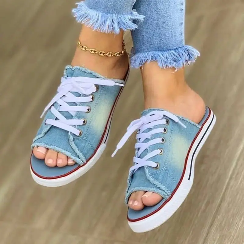 2020 Fashion Women Canvas Sandals Breathable Summer Slippers Lace Up Open Toe Ladies Faux Denim Flat Shoes Zapatos Mujer