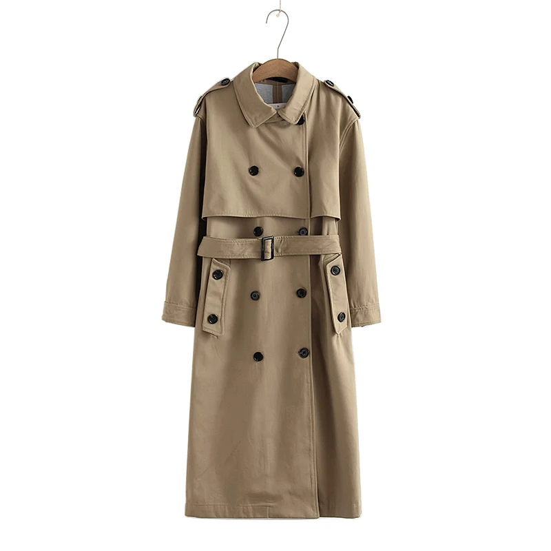 

Top women casual solid color double breasted outwear fashion sashes office coat chic epaulet design long trench
