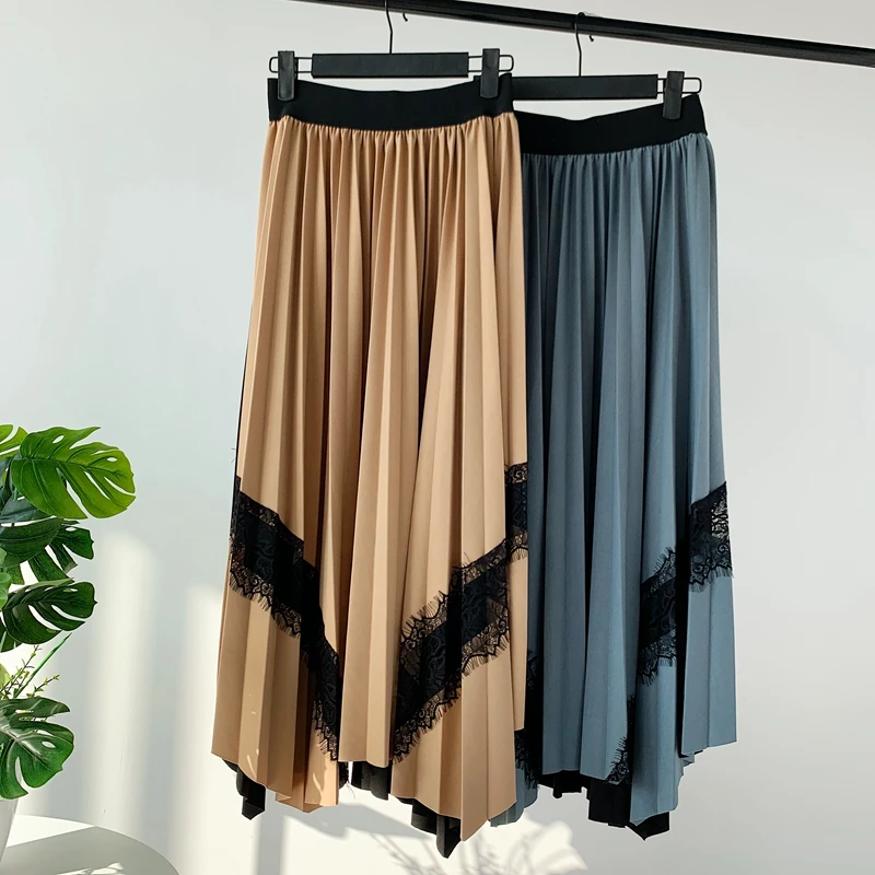 

Autumn Lace Patchwork Long Skirts Elastic Waist Contrast Color A-line Irregular Pleated Long Skirts Green Blue High Low Skirts