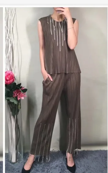 Miyake fold, модные футболки без рукавов с круглым вырезом+ однотонные штаны, костюм из двух предметов с кисточками
