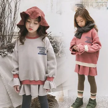 

Autumn and winter new 5-10 year old girl plus sweater in the big child fashion flared sleeves fake two plus velvet sweater dress