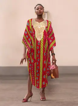 

LQ255 Long dress-free size Africa lady wax print long skirt American already made sequins neckline clothes hign quality