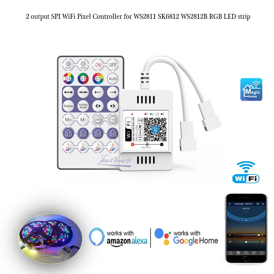 

Smart WiFi Voice LED Controller APP 2 output Controller 28key IR remote 5-24V for WS2811 WS2812B Addressable RGB LED Strip