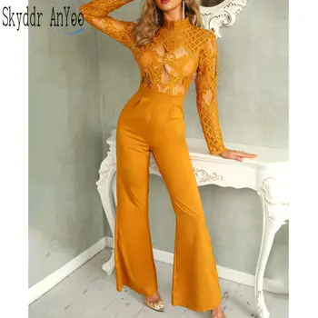 

Women Lace Floral Yellow Color Long Sleeve Jumpsuit Wide Leg Romper Clubwear Playsuit Bodycon Party Trousers female overalls