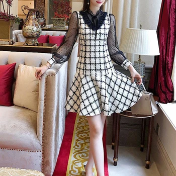 

HIGH QUALITY 2020 Newest Fashion Designer Dress Women's Elegant Polka Dot Mesh Long Sleeves Patchwork Plaid Mini Mermaid Dress