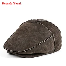 Winter Men Korean Thicken Hand-stitched Fur One Warm Forward Beret Male Genuine Leather Wool Hats Fitted black/Grey Tab Boina