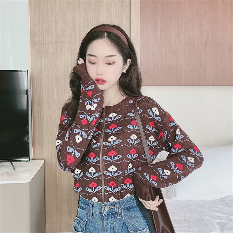 Shop1314, винтажный свитер с цветочным принтом, Женский Повседневный Кардиган с круглым вырезом и длинным рукавом на молнии, женский милый вязаный кардиган, feminino
