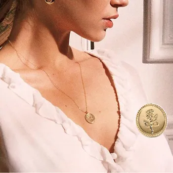 

Modyle Fashion Rose Flower Charm Pendant Necklaces For Women Gift Vintage Coin Gold Color Chains Necklace Statement Jewelry