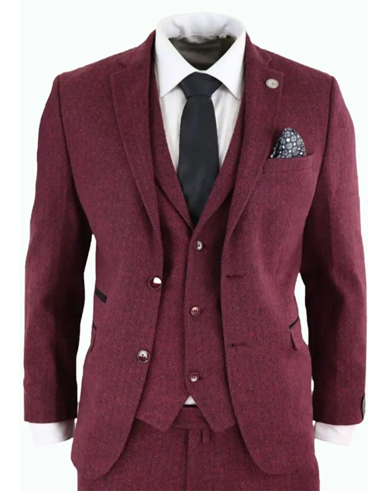 men's blazers 2021 Wine Red Herringbone Wedding Suits For Mens Groomsman 3 Pieces Set Tweed Wool Tuxedos Jacket+Vest+Pants Custom Made Blazer blazer suit Suits & Blazer