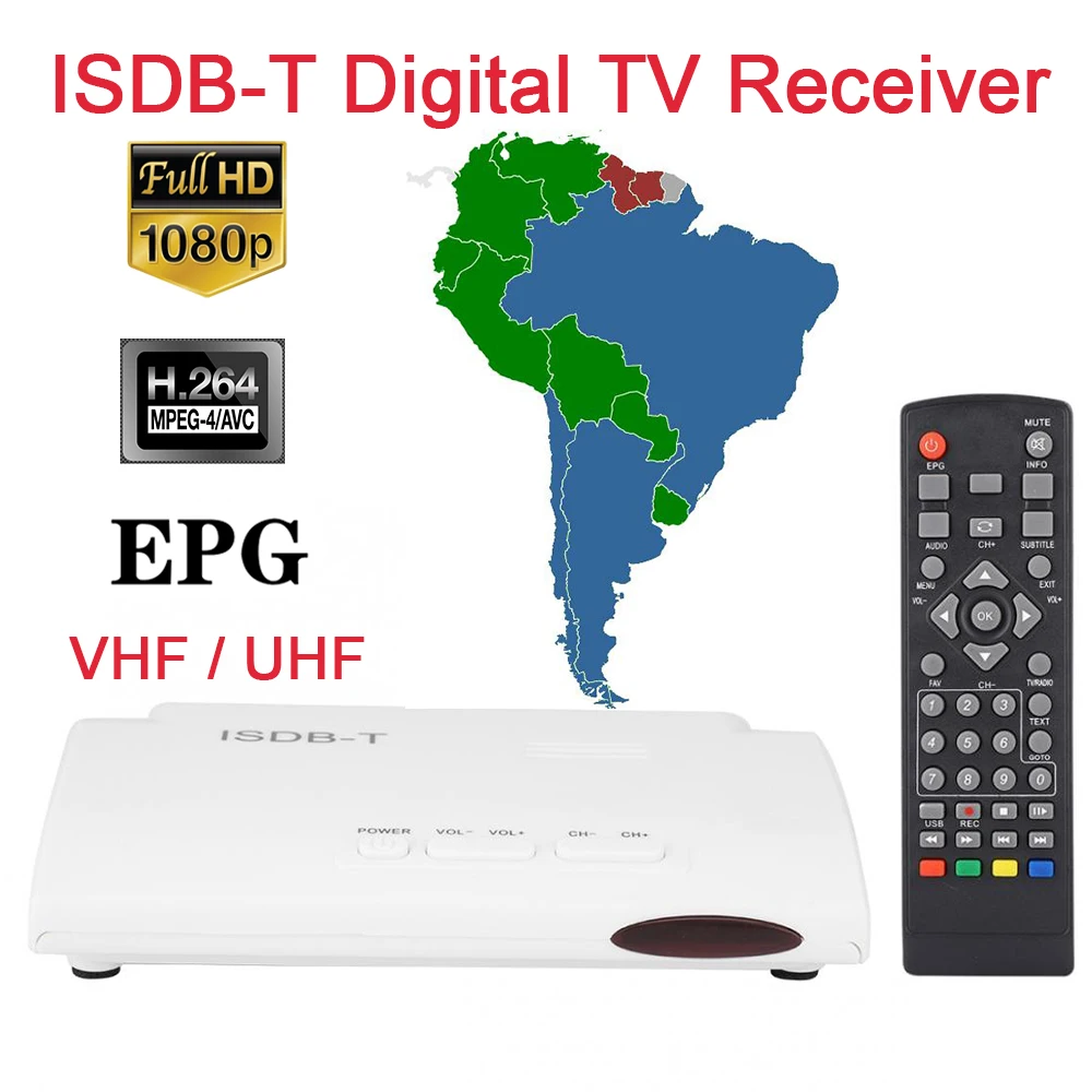 FTA ISDB-T TV Tuner Receiver Digital Terrestrial Set Top Box Full HD 1080P USB Recorder EPG HDMI Out VHF UHF Brazil Peru Antenna