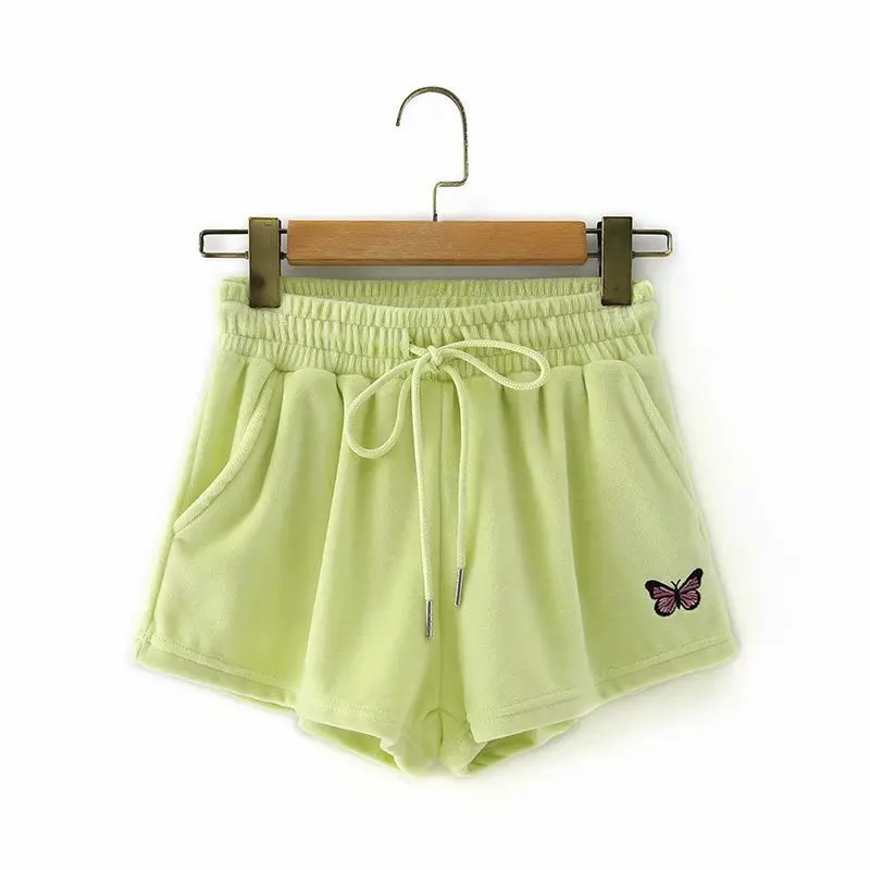 Women summer yellow 2 pieces set top cami shorts Embroidery Butterfly Velvet crop top cropped camis Tank Top elastic waist