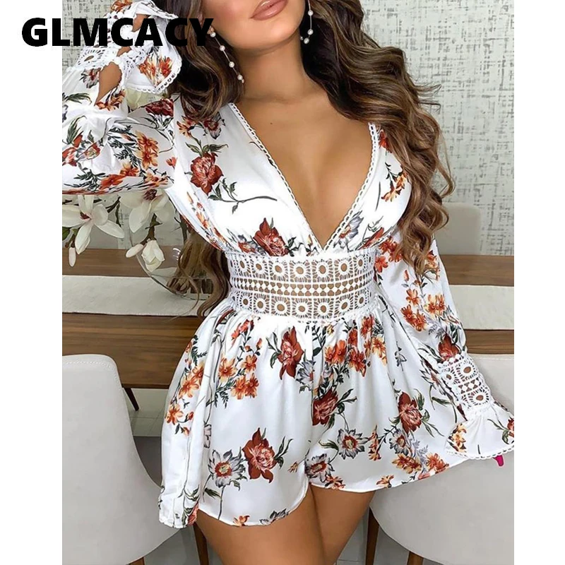 Women Summer Plunge Floral Print Playsuits Hollow Out Backless Rompers Sweet Boho Beach Holiday Romper Outfits Women Summer Plunge Floral Print Playsuits Hollow Out Backless Rompers Sweet Boho Beach Holiday Romper Outfits