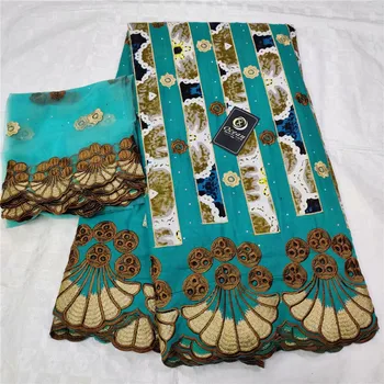 

Latest teal green 5Y African cotton lace fabric with 2y French net lace fabric for dress set OCN14(5+2y)