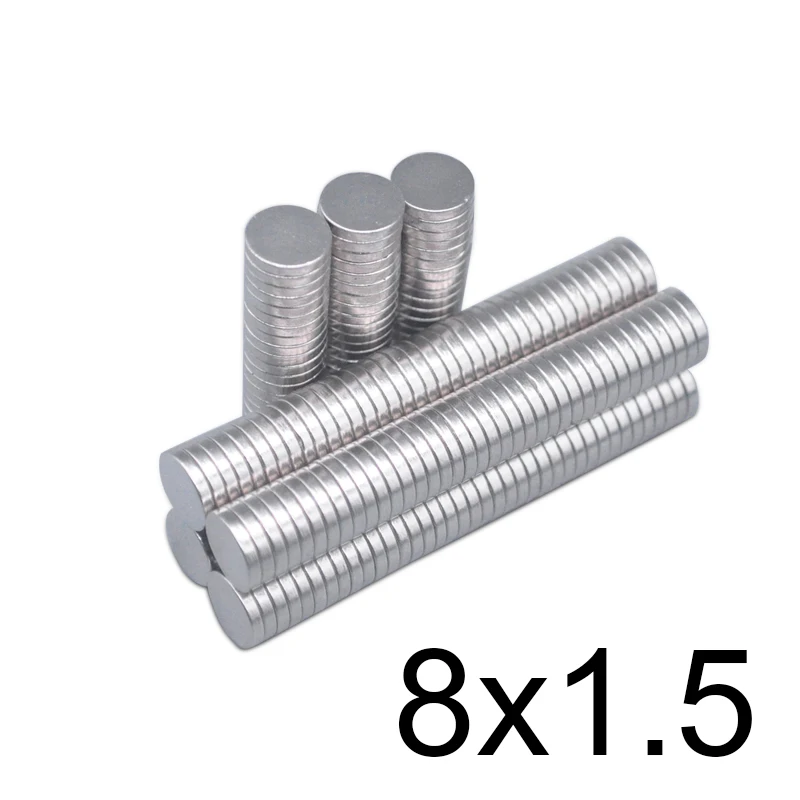 50/100/150 шт 8x1,5 Неодимовый магнитный диск Сделано в Китае постоянного N35 неодим-железо-боровые маленькие круглые супер мощный 8*1,5 Магнитный съемник для жестких бирок для электронного отслеживания товара магниты 8 мм x 1