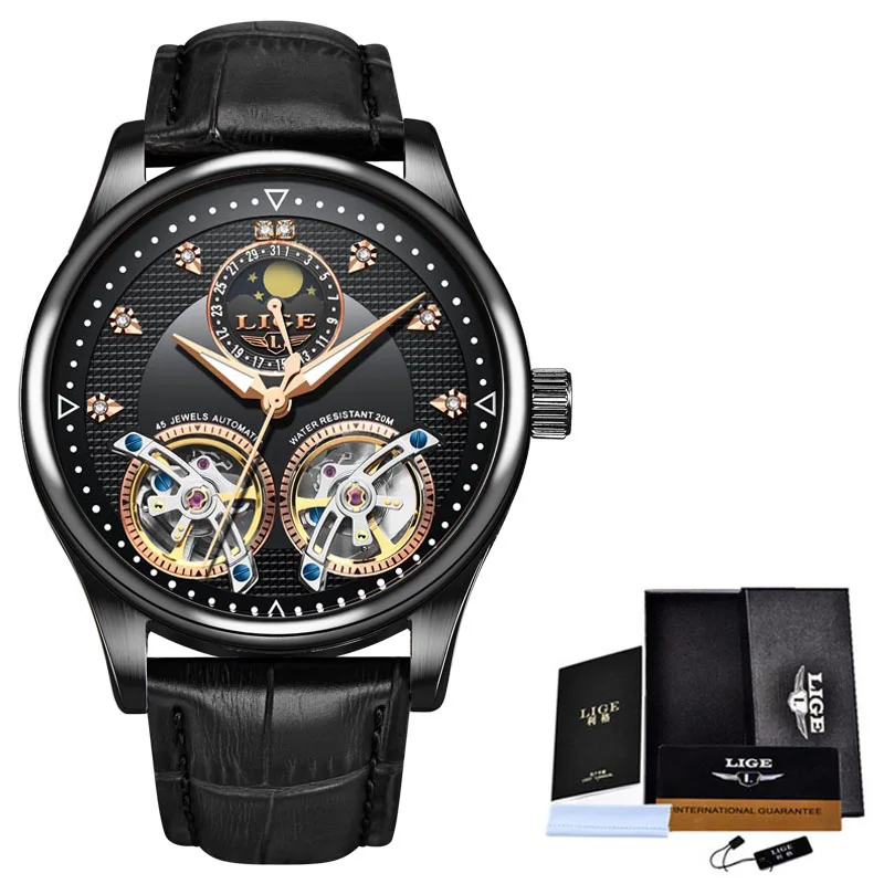LIGE новые автоматические механические часы мужские Tourbillon спортивные часы модные деловые мужские часы reloj automatico de hombre - Цвет: All black