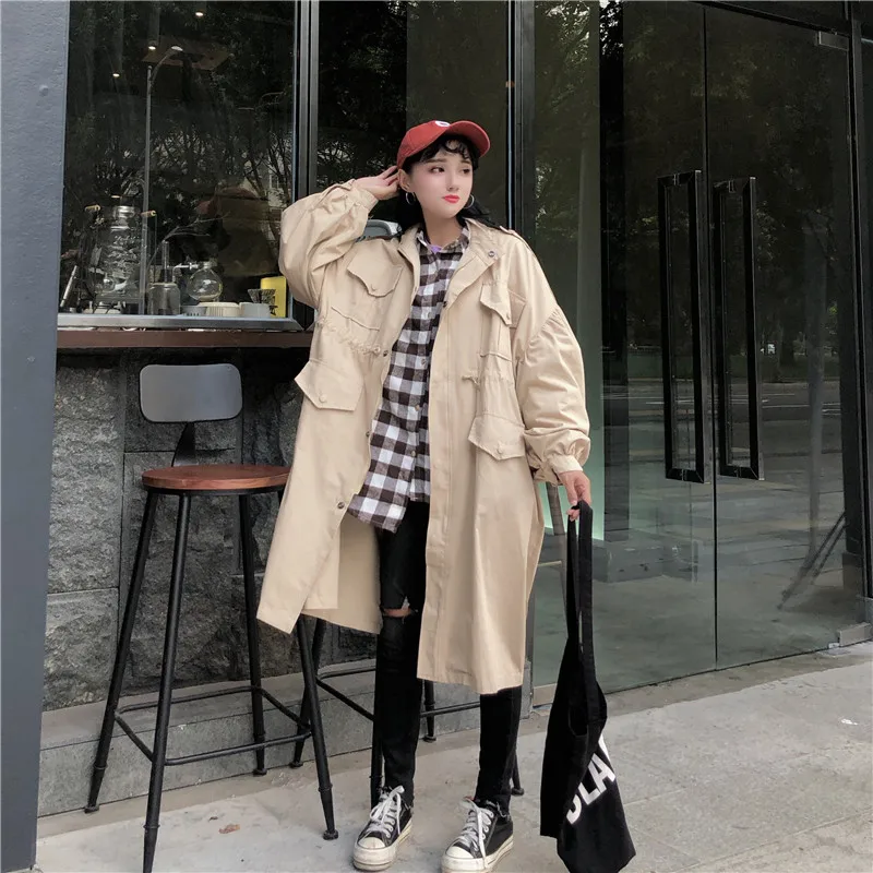 Fox Mrs. Autumn High Waist Drawstring Waist Hugging Mid-length Stand Collar Loose-Fit Coat Lantern Sleeve Trench Coat Women's
