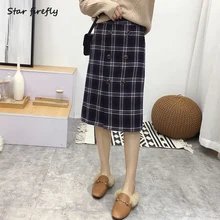 Повседневная Милая женская Юбка До Колена с завышенной талией, модель года, Классическая двубортная Женская юбка в клетку