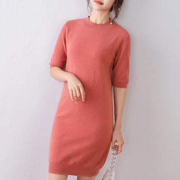 

Women's spring and summer slim-fit cashmere knitted casual five-point short-sleeved round neck pullover dress and thin knees