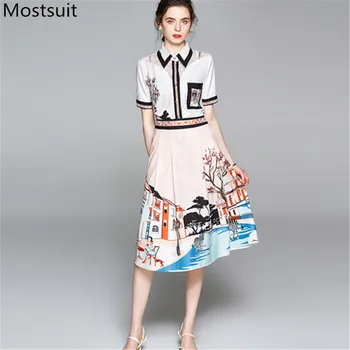 

Runway Fashion Printed Two Piece Skirt Sets Outfits Women Lace Spliced Shirt + Long Pleated Skirt Suits Elegant 2 Pcs Sets 2020