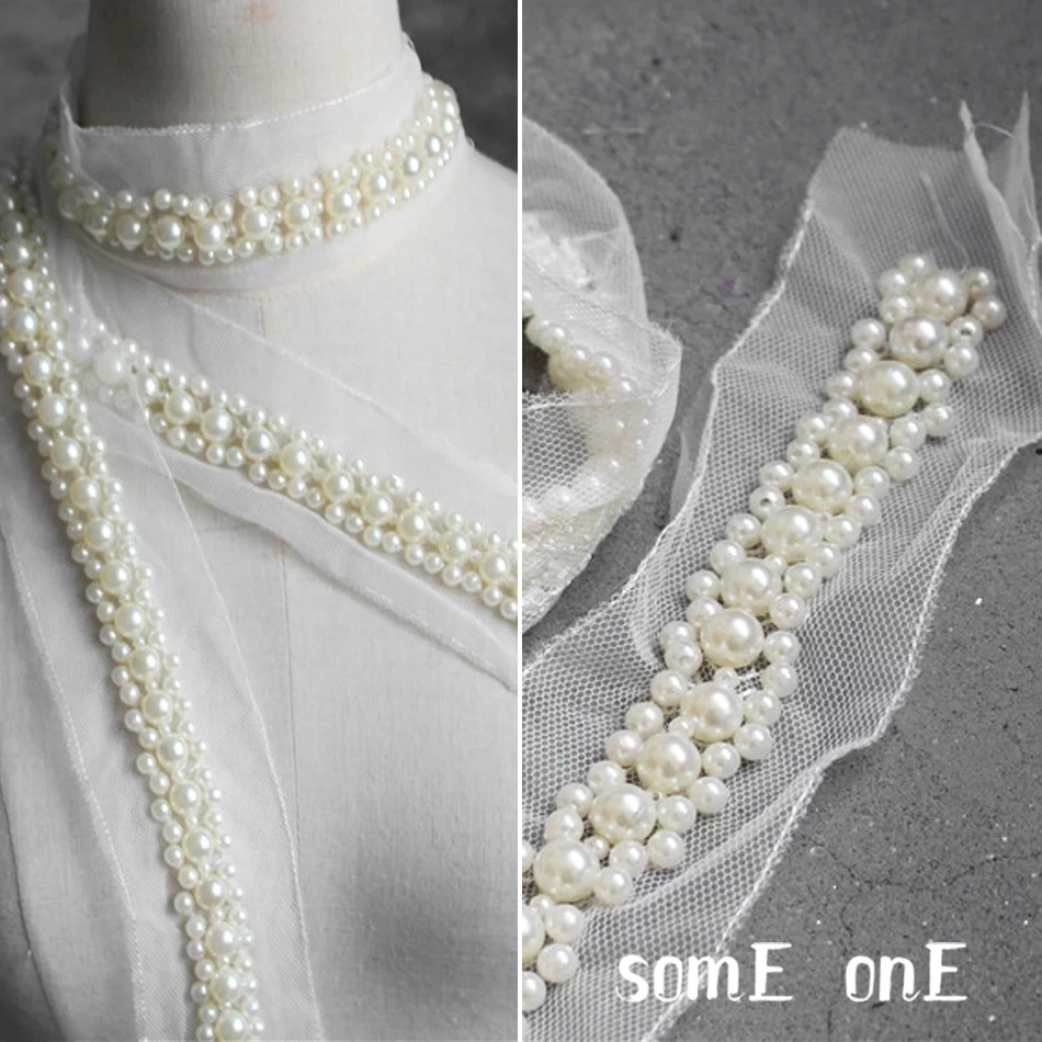 

Dress Applique Lace Trim fabric large pearl DIY Neckline Collar Costume decor Designer Accessories 50x5.5cm