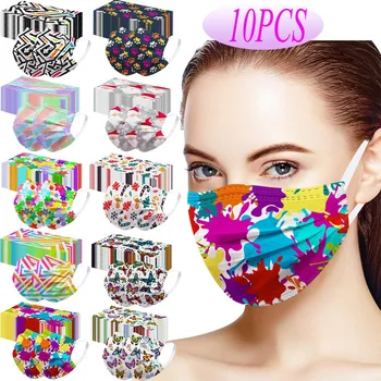 

10pcs Disposable Mask Unisex Printed Soft Masks For Adults 3-layer Face Masks Non-woven Fabric Breathable Mouth Mask Protection