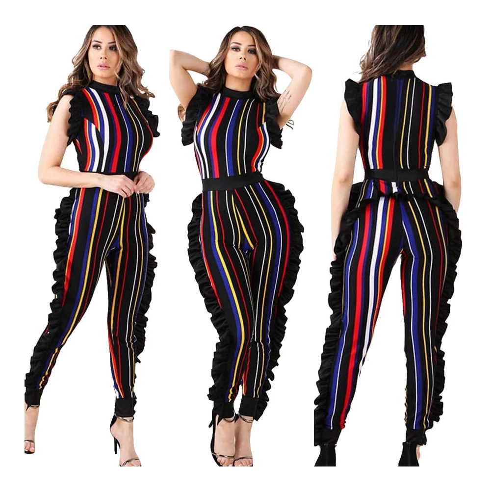 

AA Women's Vertical Stripe Printed Jumpsuit Sexy Flight Sleeve High Waist Trousers Rompers