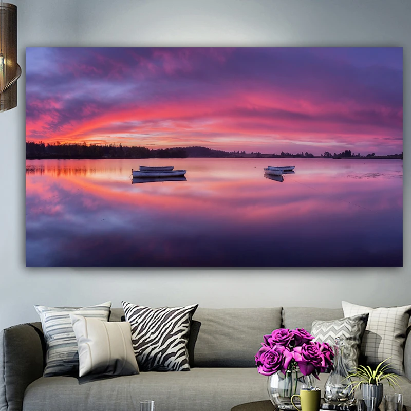 RELIABLI Poster Canvas Painting Landscape Print Lake and Boat Wall Art Pictures For Living Room Home Decoration Unframed  Дом и | Painting u0026 Calligraphy -4000036173856