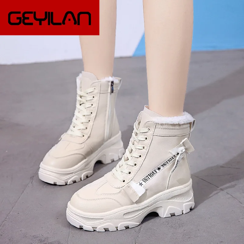 

New Winter Women Ankle Snow Boot Leather Fur Wedges Warm Plush Rubber Platform Lace Up Sexy Punk Black Ladies Shoes Botas Mujer