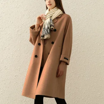 

Korean Fashion Long Business Suit Collar Coat Elegant Double Breasted Wool Coats 2020 Autumn Winter Solid Color Women Coats