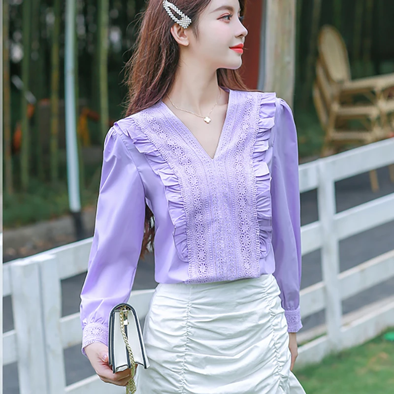 

2020 New Autumn Chiffon Blouse Women French Elegance White Lace Pactwork Puff Long Sleeve V Neck Pullover Shirts Chemise Femme