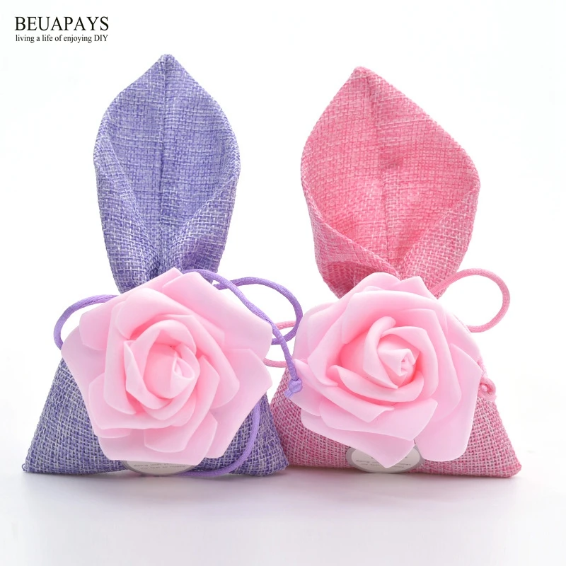 

50pcs Rose candy bag Gift linen simulation flower storage bag wedding decoration christmas baby shower party favors accessories