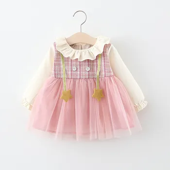 

2020 Spring Infant Baby Long Sleeve Ruffles Collar Star Patchwork Mesh Ball Gown Princess Party Tutu Kids Dress vestidos