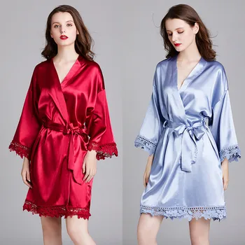 

Womens Imitation Silk Kimono Robe Embroidery Floral Lace Trim Nightgown Solid Color Long Sleeve V-Neck Short Bathrobes