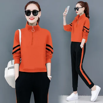 

Casual Sports Two-piece Set Autumn New Loose Fashion Long Sleeve Sweater and Trousers 2 Piece Sets Womens Clothing Orange Brown