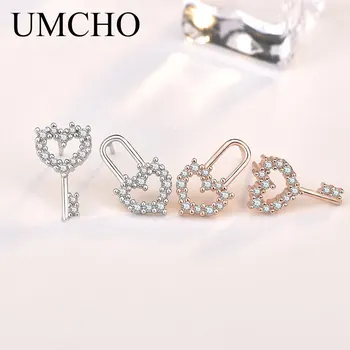 

UMCHO Solid 925 Sterling Silver Jewelry Lock Heart Cubic Zircon Stud Earrings for Women Lover Wedding Party Fashion Jewelry Gift