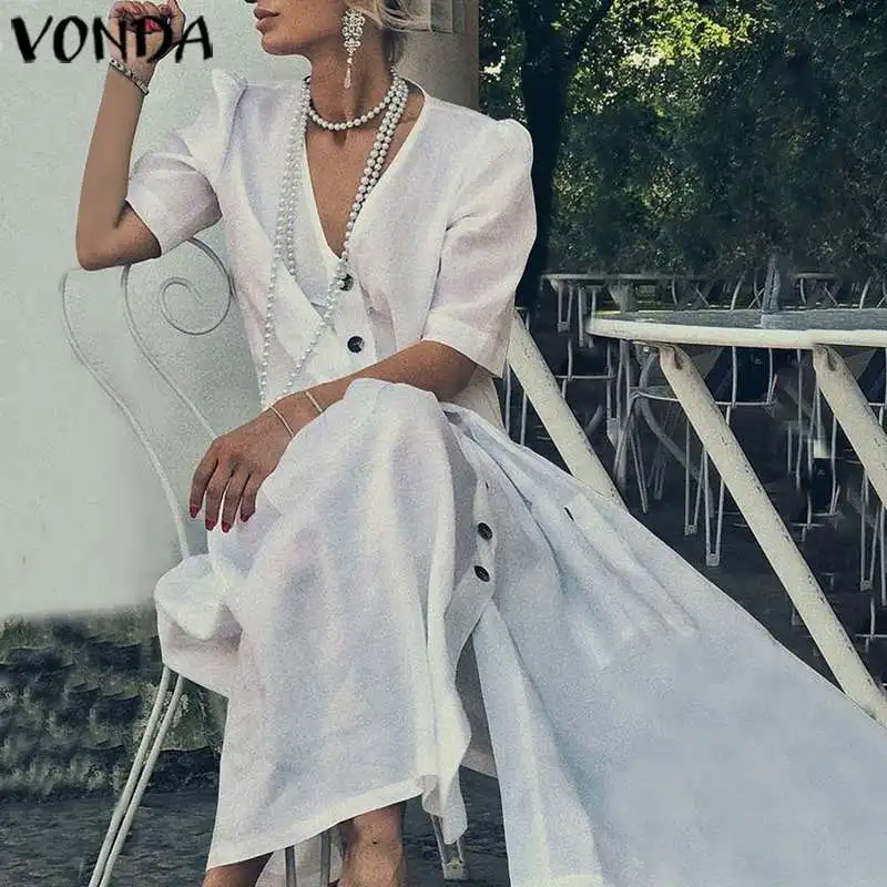 VONDA/женские вечерние платья из хлопка с коротким рукавом и глубоким v-образным вырезом, длинные платья на пуговицах, праздничное плиссированное платье Vestidos размера плюс