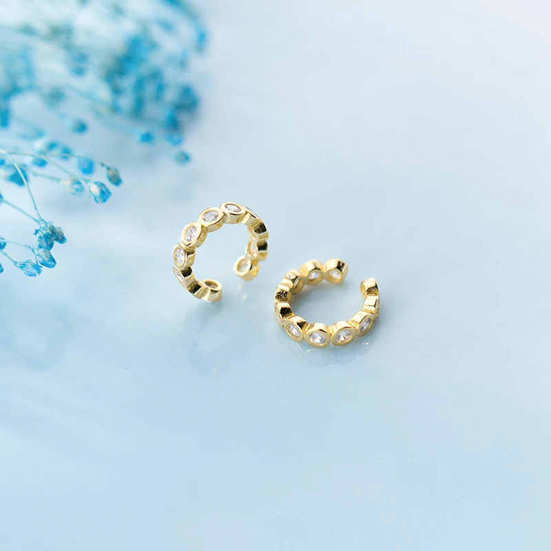 

MloveAcc New Arrival 925 Sterling Silver Gold Color Clip Earrings with Clear CZ for Women Unique Earrings Jewelry