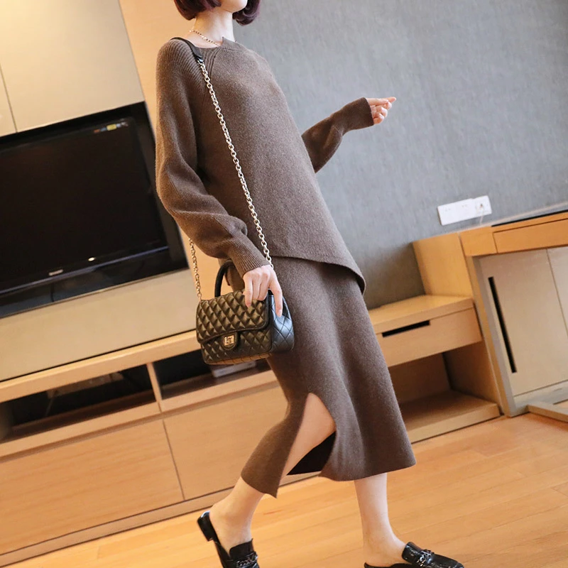 

Autumn Winter Sheer Tracksuit 2 Piece Suits for Women Knitted Long Sleeve Warm Sweater Top and Split Skirt Women Suit Outwear