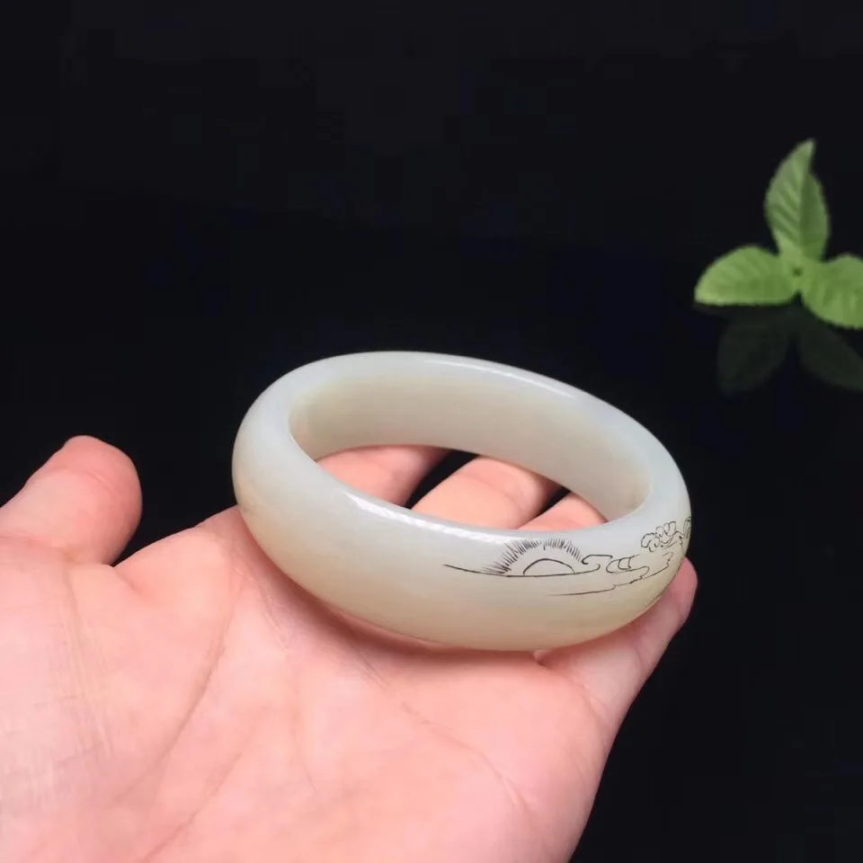Hetian Белый нефритовый резной браслет. Текстура прозрачная и hand-carved.hw01