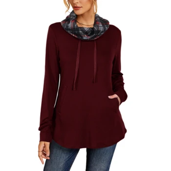 

2020 New Plus Size Autumn Winter Plaid Hat Solid Color Loose Warm Sweatshirt Multicolor Hooded Lace-up Sweatshirt Big Pocket Top