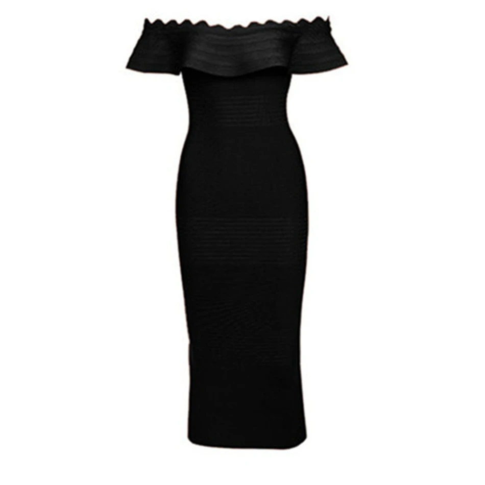 Бандажное осеннее черное платье миди с открытыми плечами и рюшами, Бандажное платье для женщин, вечернее платье, облегающее платье с разрезом сзади