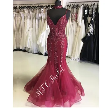 

Luxury Burgundy Mermaid Long Prom Dresses Gorgeous Beaded Lace Sweetheart Tulle Formal Evening Gown 2019 Custom Made Party Dress