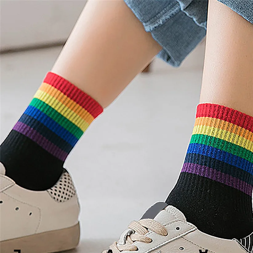 Harajuku/радужные хлопковые полосатые носки Unsiex для женщин и мужчин; удобные дышащие носки по щиколотку; сезон осень; Meias; 9Nov