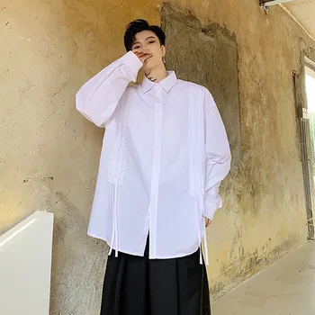 

Male Japan Streetwear Hip Hop Party Dress Shirts Stage Costumes Men Long Sleeve Pleated Drawstring Design Loose Casual Shirt