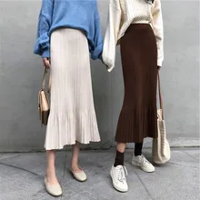 Корейский женский осенний облегающий высокий комплект пуловер+ кожаная юбка Длинная женская юбка-карандаш Русалка трикотажные миди юбки Jupe Longue Femme