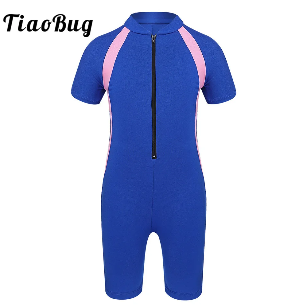 

TiaoBug Summer Kids Girls One-piece Swimsuit Short Sleeves Zippered Wetsuit Swimwear Bathing Suit Child Beachwear Shorty Suits