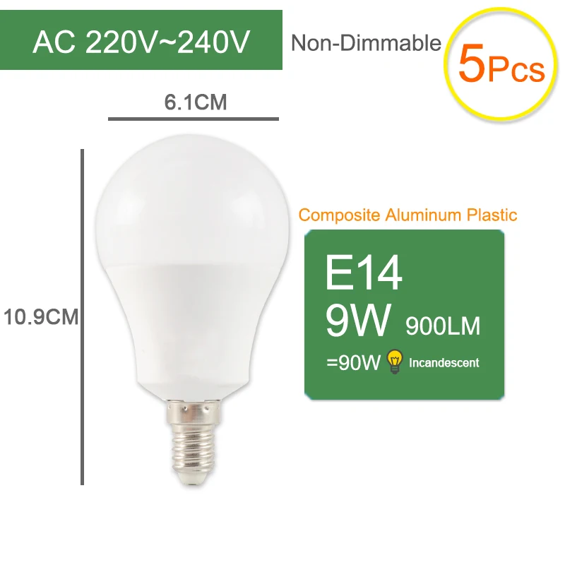 E14 9W 5pcs Kaguyahime 1 шт./5 шт E14 E27 9W Dimmable высокой яркости E27 светодиодный светильник 220V светодиодный лампы светодиодный светильник лампады Lamparas Bombillas ампулы 6 Вт - Emitting Color: E14 9W 5pcs