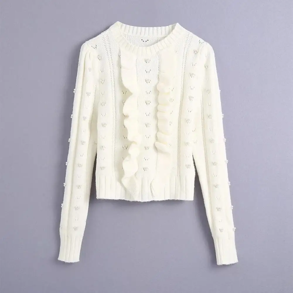 

XNWMNZ Za Women 2020 Fashion With Faux Pearls Ruffled Cropped Knitted Sweaters Vintage Long Sleeve Female Pullovers Chic Tops
