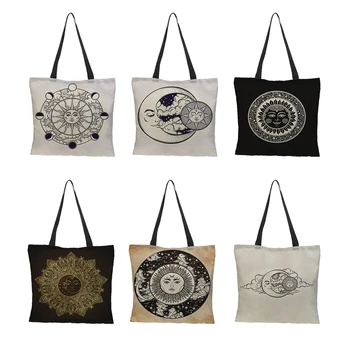 

Ins painted and image printed tote bag linen fabric bag casual folding shopping bag outdoor beach bag daily handbag 43*43cm
